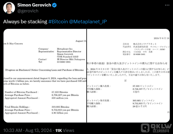 日本Metaplanet公司再購5億日元Bitcoin，總持倉 圖片